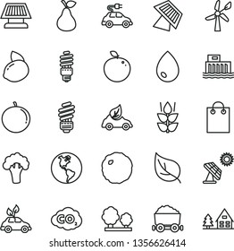 thin line vector icon set - saving light bulb vector, drop, cabbage, pear, mint, tangerine, yellow lemon, delicious apple, broccoli, big solar panel, leaf, wind energy, planet Earth, trees, eco car