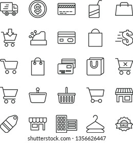 thin line vector icon set - paper bag vector, grocery basket, bank card, dollar, e, city block, cart, put in, crossed, with handles, cards, kiosk, hanger, label, stall, shopping, reverse side of a