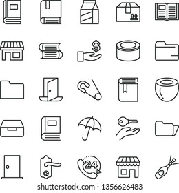 thin line vector icon set - folder vector, book, open pin, e, books, door knob, ntrance, umbrella, drawer, cardboard box, 24, package, canned goods, half of coconut, kiosk, stall, get a wage, exit