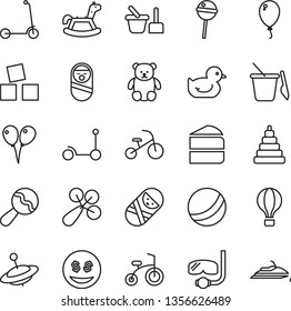 thin line vector icon set - beanbag vector, baby rattle, duckling, bath ball, stacking toy, roly poly doll, tumbler, sand set, children's, small teddy bear, yule, rocking horse, cubes for children