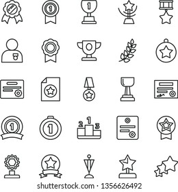 thin line vector icon set - pedestal vector, medal, patente, laurel branch, prize, award, cup, gold, star, reward, man with, pennant, first place, ribbon, hero, certificate, three stars