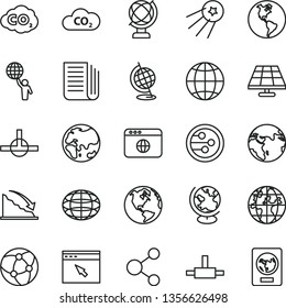 thin line vector icon set - globe vector, earth, solar panel, planet, CO2, carbon dyoxide, connection, recession, newspaper, network, browser, connect, man hold world, first satellite, passport