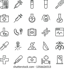 thin line vector icon set - first aid kit vector, plus, electronic thermometer e, mercury, bag of a paramedic, medical, temperature, cardiogram, garlic, goji berry, round flask, research article