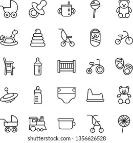 thin line vector icon set - baby cot vector, dummy, mug for feeding, bottle, measuring, diaper, stroller, carriage, summer, sitting, stacking rings, roly poly doll, children's potty, chair, a child