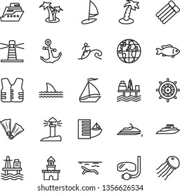 thin line vector icon set - anchor vector, fish, sea port, commercial seaport, lighthouse, coastal, planet, sand castle, sail boat, hotel, beach, palm tree, flippers, diving mask, surfing, handwheel