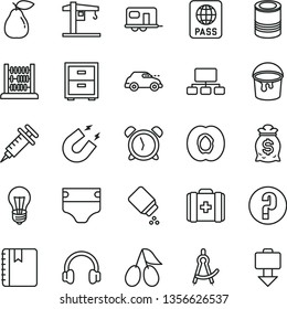 thin line vector icon set - alarm clock vector, bedside table, question, diaper, baby powder, medical bag, abacus, crane, paint bucket, notebook, passport, tin, half apricot, pear, cornels, bulb