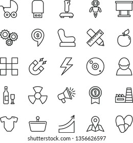 thin line vector icon set - lightning vector, t short, Baby chair, stroller, writing accessories, tile, map, apricot, thermal power plant, racer, radiation, shopping basket, billboard, three gears
