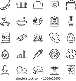 thin line vector icon set - gear vector, stick of sausage, cheese, piece cake, a bowl rice porridge, half loquat, peas, fan screw, trees, mercury light bulb, environmentally friendly transport, gold