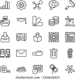 thin line vector icon set - measuring tape vector, new roller, color samples, saving light bulb, hawser, put in a box, coins, unpacking, onion, gear, tower crane, bar chart, engineer calculator