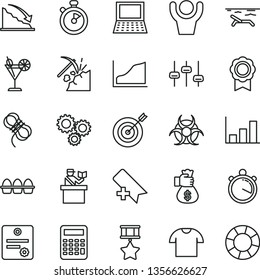 thin line vector icon set - add bookmark vector, hawser, T shirt, bundle of eggs, cocktail, coal mining, three gears, recession, notebook pc, settings, biohazard, calculator, growth graph, medal