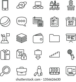 thin line vector icon set - daily calendar vector, bath ball, calculation, smartphone, pile, suitcase, survey, folded shirt, commercial seaport, conveyor, scheme, wallet, speech, financial report