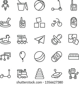 thin line vector icon set - paper airplane vector, toys over the cot, nipple, bath ball, baby, stacking rings, roly poly doll, tumbler, toy phone, mobile, children's sand set, train, yule, small