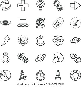 thin line vector icon set - prohibition vector, right direction, renewal, plus, clockwise, tumbler, left bottom arrow, timer, CD, porcini, plate, gear, gears, Measuring compasses, scheme, atom, up