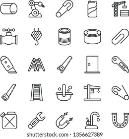 thin line vector icon set - clip vector, safety pin, open, crane, tower, hook, hand saw, arm, stepladder, ladder, ntrance door, knife, stationery, kitchen faucet, canned goods, tin, soda can, valve