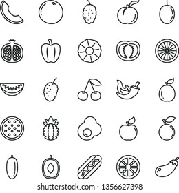 thin line vector icon set - Hot Dog vector, chili, fried egg, cherry, ripe peach, half pomegranate, apricot, blueberry, mulberry, tasty, slice of melon, delicious plum, water, date fruit, passion