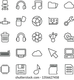 thin line vector icon set - computer vector, fan, keyboard, cpu, pc card, monitor, usb, flash, headphones, network, folder, connect, trash bin, floppy, note, chair, sd, repair, settings, cursor
