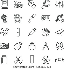 thin line vector icon set - unpacking vector, jar, test tube, telescope, molecule, nuclear, zoom, settings, satellite, book, biohazard, pipette, globe, oscilloscope, magnet, drawing compass, medal
