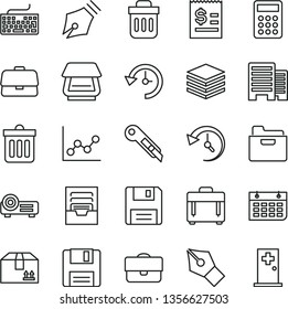 thin line vector icon set - keyboard vector, graph, archive, buildings, stationery knife, dust bin, case, pile, folder, cardboard box, portfolio, briefcase, article on the dollar, wall calendar