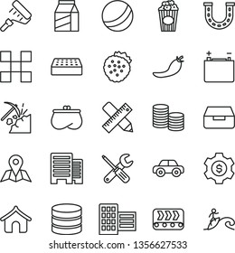 thin line vector icon set - bath ball vector, motor vehicle, small tools, paint roller, buildings, city block, writing accessories, tile, brick, map, drawer, package, cup of popcorn, strawberries