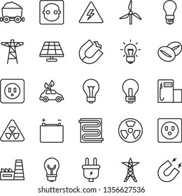 thin line vector icon set - danger of electricity vector, matte light bulb, incandescent lamp, power socket type b, heating coil, coffee beans, solar panel, modern gas station, windmill, accumulator