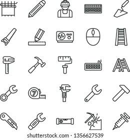 thin line vector icon set - paint roller vector, graphite pencil, trowel, hand saw, long meashuring tape, stepladder, ladder, construction level, drawing, stationery knife, hammer, with claw, steel