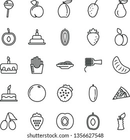 thin line vector icon set - cake vector, birthday, piece of pizza, slices onion, noodles, torte, Chupa Chups, fried potato, strawberry, strawberries, apple, peach, half apricot, raspberry, cornels