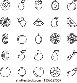 thin line vector icon set - strawberries vector, orange, ripe peach, grape, quince, strawberry, medlar, melon, slice of water, loquat, delicious plum, passion fruit, yellow lemon, juicy, sour lime