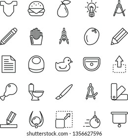 thin line vector icon set - tassel vector, graphite pencil, scribbled paper, baby bib, Child T shirt, duckling, big core, color samples, sink, toilet, drawing, expand picture, move up, burger, pear