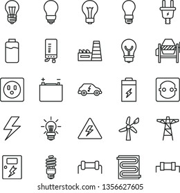 thin line vector icon set - lightning vector, danger of electricity, matte light bulb, concrete mixer, dangers, heating coil, electronic boiler, charge level, charging battery, wind energy, socket