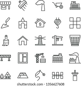 thin line vector icon set - wicker pot vector, box of bricks, crane, tower, hook, building trolley, trowel, window, wooden paint brush, tile, ceramic tiles, spatula, paving slab, road fence, home