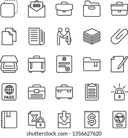 thin line vector icon set - briefcase vector, clean paper, download archive data, folder bookmark, portfolio, suitcase, received letter, notebook, case, passport, pile, notes, clip, copy, newspaper