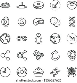 thin line vector icon set - sign of the planet vector, clockwise, loudspeaker, wall clock, left bottom arrow, right, cheese, onion, muffin, cake with a hole, glazed, biscuit, kiwi, connection, gears