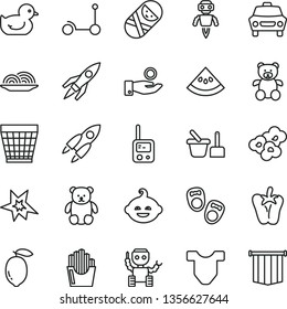 thin line vector icon set - wicker pot vector, Child T shirt, baby duckling, tumbler, toy phone, sand set, teddy bear, small, funny hairdo, Kick scooter, shoes for little children, car, onion, peper
