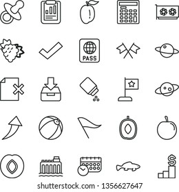 thin line vector icon set - wind direction indicator vector, check mark, dummy, baby powder, bath ball, passport, put in a box, delete page, planet, small fish, branch of grape, plum, delicious