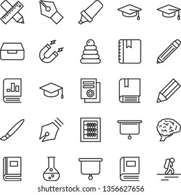 thin line vector icon set - tassel vector, graphite pencil, new abacus, stacking rings, e, writing accessories, notebook, drawer, square academic hat, flask, magnet, text highlighter, brain, ink pen