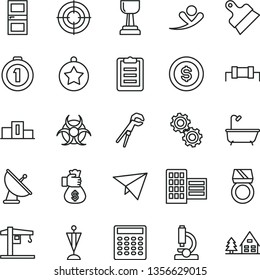 thin line vector icon set - crane vector, adjustable wrench, bath, interroom door, city block, putty knife, microscope, gears, biohazard, clipboard, calculator, satellite antenna, resistor, pedestal