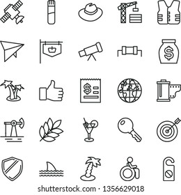 thin line vector icon set - hat vector, camera roll, tower crane, key, working oil derrick, vintage sign, planet, article on the dollar, money, test tube, telescope, satellite, biology, resistor