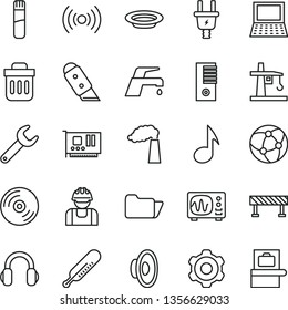 thin line vector icon set - loudspeaker vector, mercury thermometer, cogwheel, knife, faucet mixer, road fence, CD, plate, manufacture, electric plug, builder, tower crane, repair key, notebook pc
