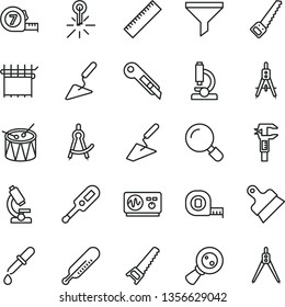 thin line vector icon set - yardstick vector, electronic thermometer e, mercury, drum, trowel, building, hand saw, arm, measuring tape, long meashuring, putty knife, stationery, magnifier, compasses