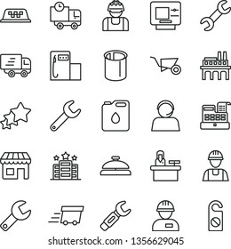 thin line vector icon set - repair key vector, builder, workman, building trolley, delivery, modern gas station, industrial enterprise, canister of oil, pipes, steel, kiosk, operator, urgent cargo