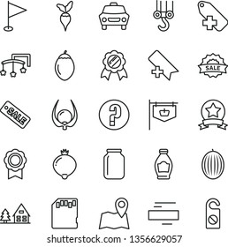thin line vector icon set - add bookmark vector, minus, label, pennant, question, toys over the cot, winch hook, car, bottle, medlar, melon, tamarillo, physalis, radish, jar, vintage sign, sd card