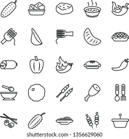 thin line vector icon set - deep plate with a spoon vector, iron fork spoons, sausage, fried vegetables on sticks, slices of onion, spaghetti, noodles, pie, apple, porridge in saucepan, lettuce, red