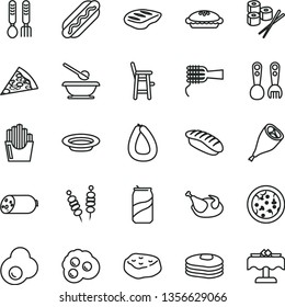thin line vector icon set - plates and spoons vector, a chair for feeding child, plastic fork, iron, sausage, stick of, fried vegetables on sticks, pizza, piece, Hot Dog, noodles, pie, plate, chop