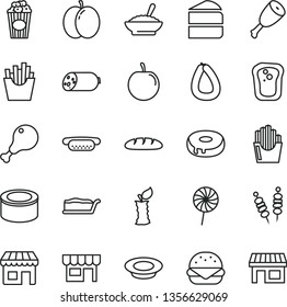 thin line vector icon set - kiosk vector, sausage, stick of, loaf, canned goods, fried vegetables on sticks, mini hot dog, big burger, piece cake, slice, with a hole, bowl buckwheat porridge, thigh