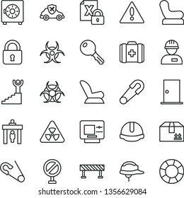 thin line vector icon set - warning vector, prohibition, Baby chair, car child seat, safety pin, open, medical bag, workman, ntrance door, construction helmet, road fence, lock, key, strongbox, atm