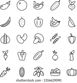 thin line vector icon set - porcini vector, lettuce in a plate, meat on skewers, cabbage, cucumber, chili, peper, beet, garlic, mulberry, goji berry, sweet date fruit, apple stub, Bell pepper, ripe