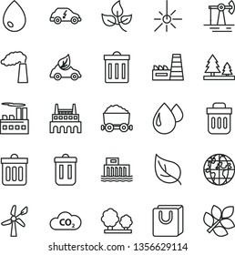 thin line vector icon set - bin vector, dust, drop, bag with handles, working oil derrick, leaves, leaf, wind energy, manufacture, hydroelectric station, trees, forest, industrial building, factory