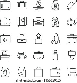 thin line vector icon set - paper bag vector, first aid kit, toys over the cot, portfolio, suitcase, case, package, a glass of tea, briefcase, wallet, purse, money, dollars, car baggage, backpacker