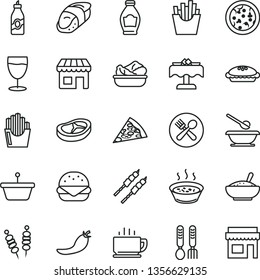 thin line vector icon set - plates and spoons vector, iron fork, coffee, fried vegetables on sticks, pizza, piece of, big burger, pie, a bowl rice porridge, in saucepan, lettuce plate, bacon, sushi
