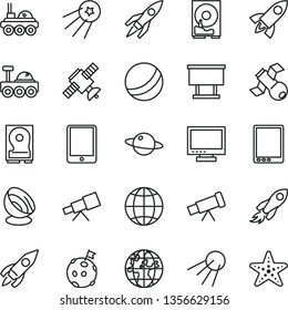 thin line vector icon set - monitor vector, bath ball, earth, artificial satellite, planet, billboard, rocket, space, tablet pc, hdd, telescope, antenna, lunar rover, flag on moon, first, starfish